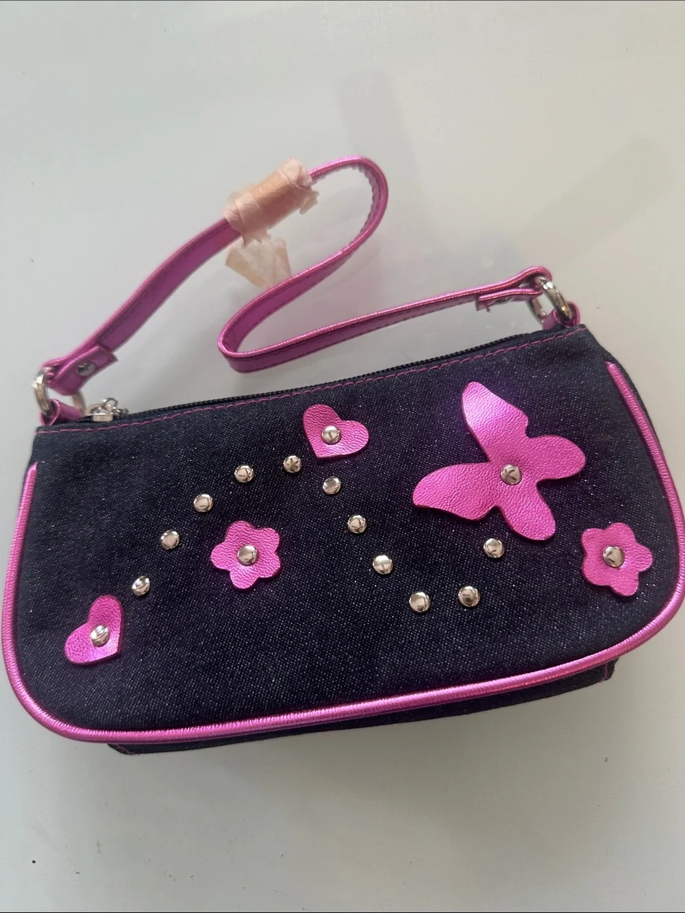 Black Denim Wristlet with Pink Butterfly & Heart Accents